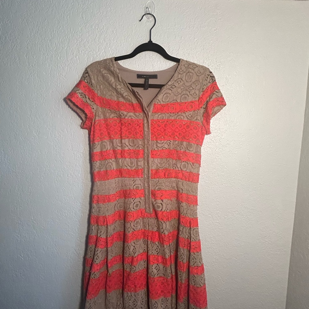 BCBGMaxAzria Lace Midi Dress in Coral and Tan